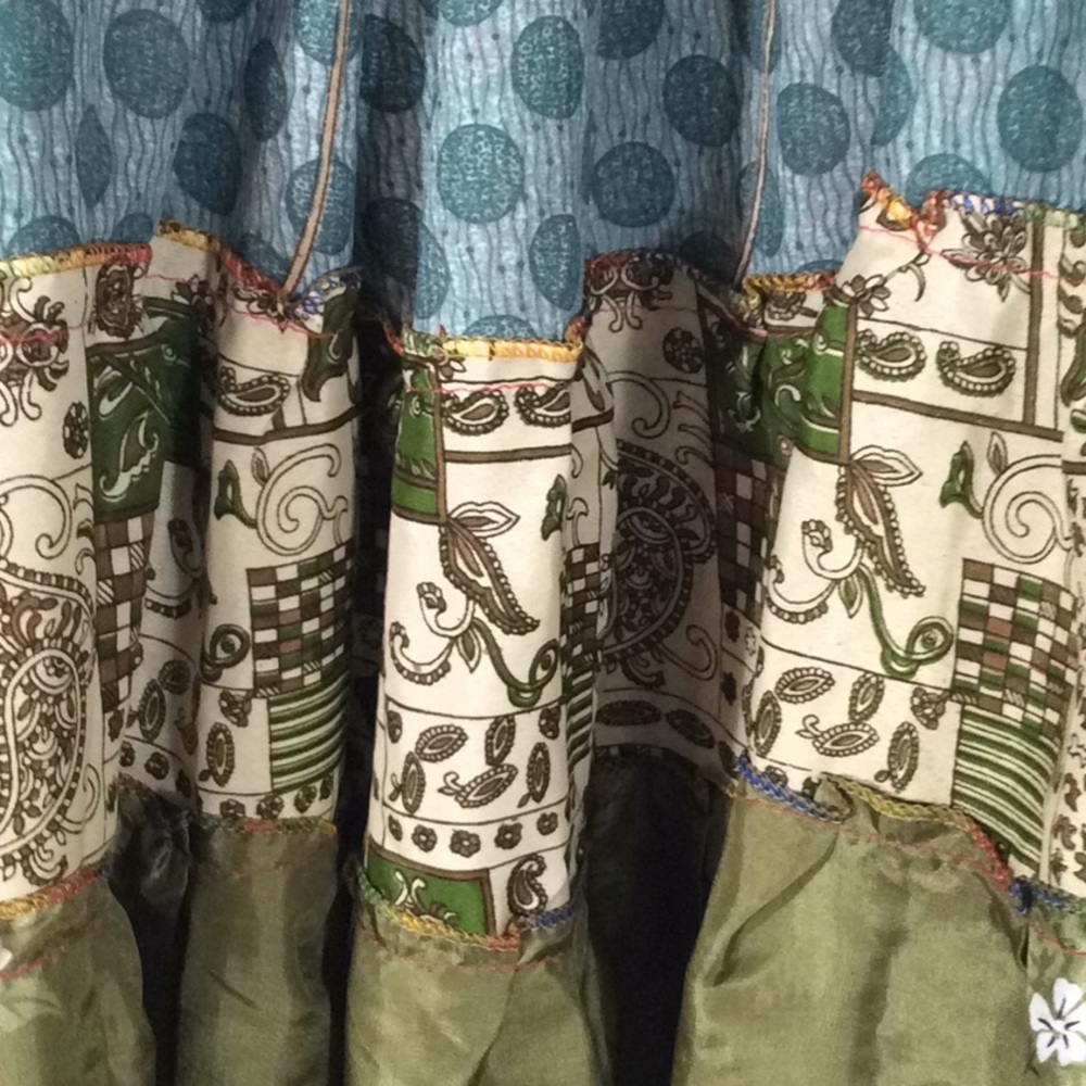 Vintage Boho Silk Sari Patchwork 2-Way Smocked Tube Dress / Maxi Skirt-XSmall - Picture 10 of 11